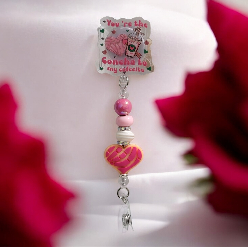 Charming Pink Concha Heart  Beaded Badge Reel